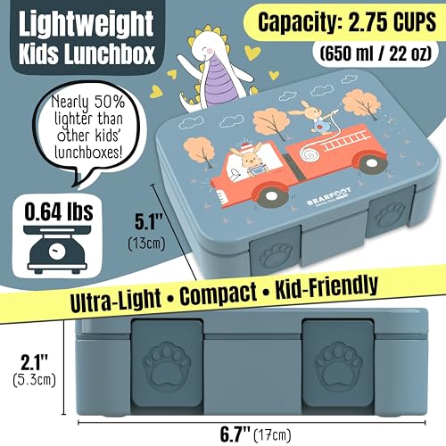 Image of BEARFOOT Kids Lunch Box with Compartments - Compact & Lightweight | Leak-Proof, BPA-Free, Dishwasher Safe | Hand-Drawn Design for Preschool, School, Travel (Firetruck Bunnies Blue, 2.75 Cups)