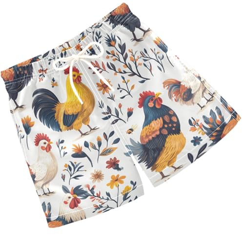 Pigsaly Boys' Swim Board Shorts Yellow Flower Colorful Roosters Boy's Swim Trunks Kids Swimwear 4T