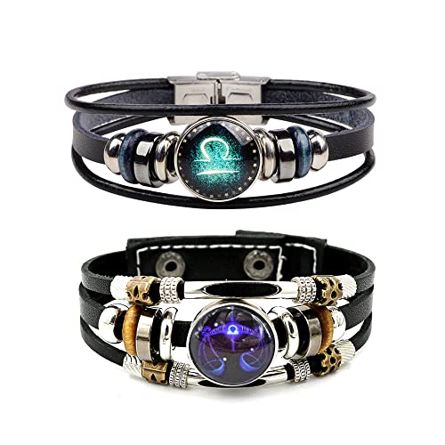 2Pcs Multilayer Constellation Zodiac Leather Bracelet for Women Men Handmade Woven Zodiac Sign Wrap Wristband Bracelet Couple BFF Birthday Jewelry