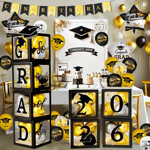 Image of Graduation Decorations Class of 2026 - Black and Gold Graduation Decorations - Balloons Boxes with Letters 2026 GRAD So Proud of You, Congrats Grad Party Decorations for Any Grades