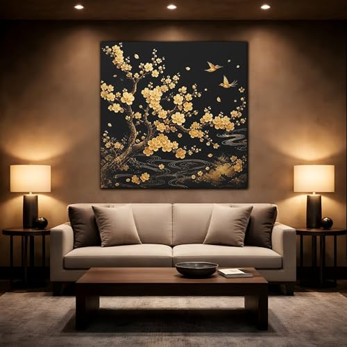Tableau toile arbre en fleurs noir et or petit format carré 15x15