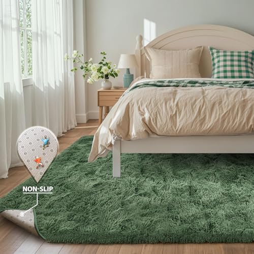 5x7 Green Area Rugs for Living Room Fluffy Shag Rug, Plush Bedroom Grass Carpet for Kids Teens Indoor Classroom Home Decor Aesthetic