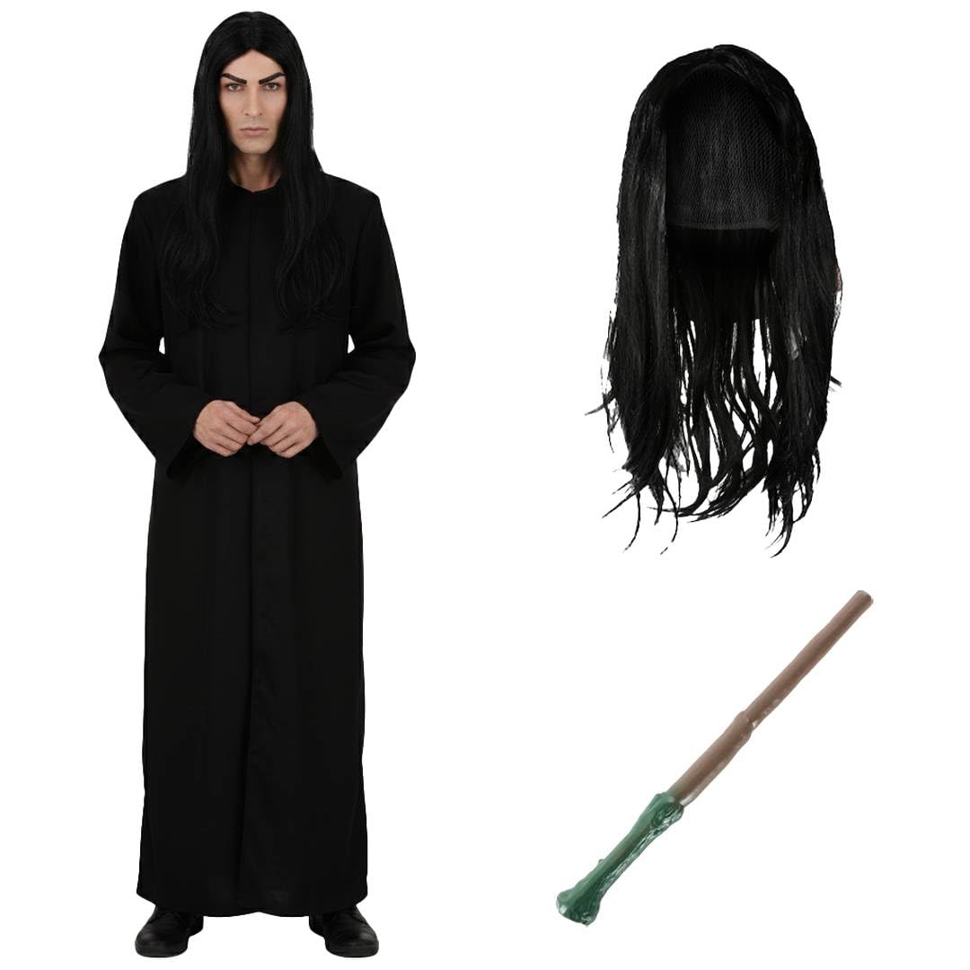 LOVETRENDS Adults Wizard Professor Costume + Wand - XLarge - Long Black Duster Jacket, Long Black Wig and Wand - Mens Magic School Teacher World Book Day Book Week Halloween Fancy Dress Costume