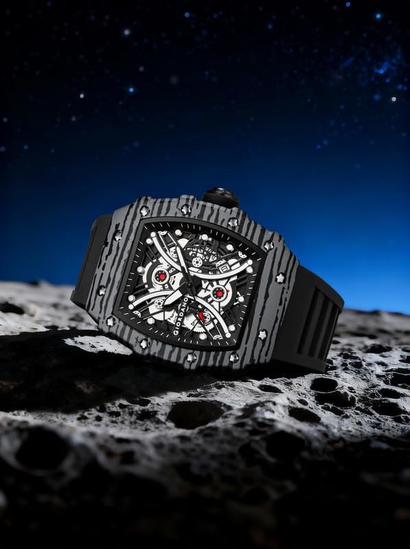 Image of Giordano Analog Square Watch for Men with Skeleton Design, Rugged Textured Case, Luminous Hands, and Silicone Strap