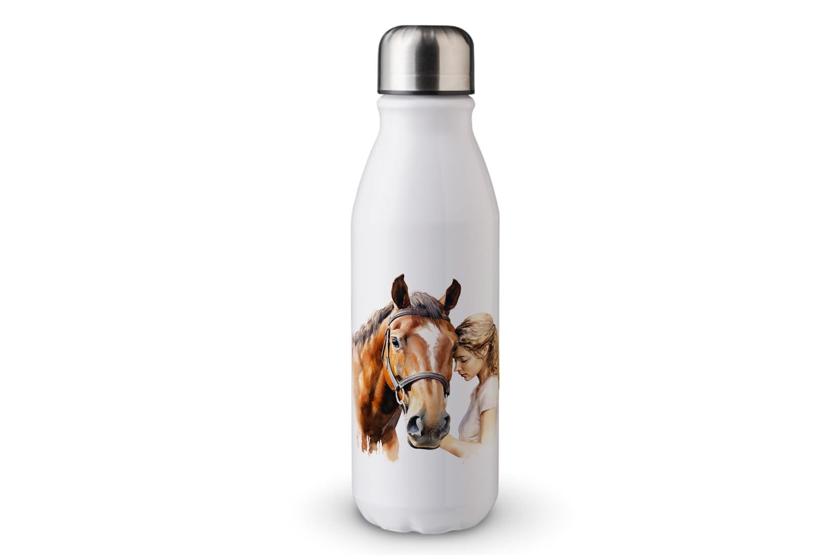 MAXIKIWI - Single Wall Water Drinking Bottle with Screw Cap, Non Insulated Lightweight Aluminium, BPA Free, Leak-Proof - White Girl Petting Horse watercolor - 500ml