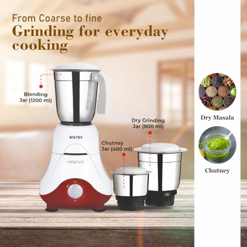 Image of Baltra Magnus BMG-162 Mixer Grinder 550W | Superior Mixie For Kitchen | 2-In-1 For Dry Grinding | Blade Function With Powerful Motor | 3 Stainless Steel Mixer Jars | 2 Years Product Warranty