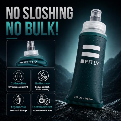Image of Soft Flask - 8.5 oz (250 ml) - Shrink As You Drink Pocket Soft Water Bottle for Hydration Pack /Running Vest - Folding Water Bottle for Running, Hiking, Cycling - Ski Water Bottles - Petrol Blue