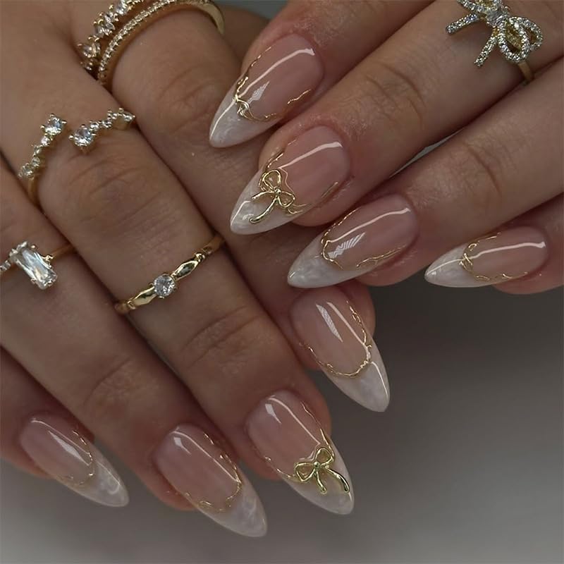 LunarCharm 24 piezas de uñas postizas doradas para presionar, tamaño mediano, forma almendra, estilo francés difuminado blanco