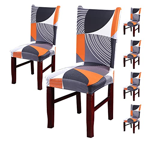 Image of House of Quirk Elastic Chair Cover Stretch Removable Washable Short Dining Chair Cover Protector Seat Slipcover (Pack of 6, Grey /Orange Abstract)