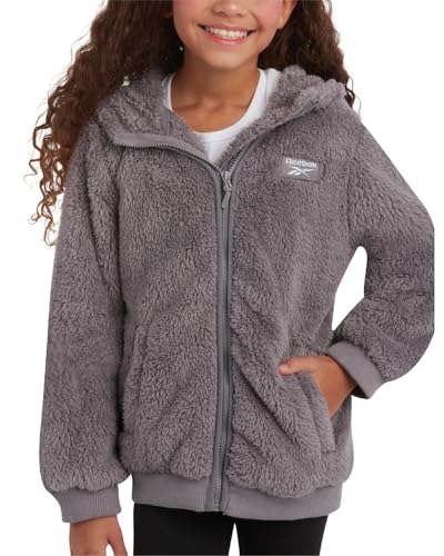 Reebok Girls’ Fleece Jacket – Full Zip Faux Fur Teddy Coat – Sherpa Fleece Hooded Sweatshirt Jacket for Girls (7-16)