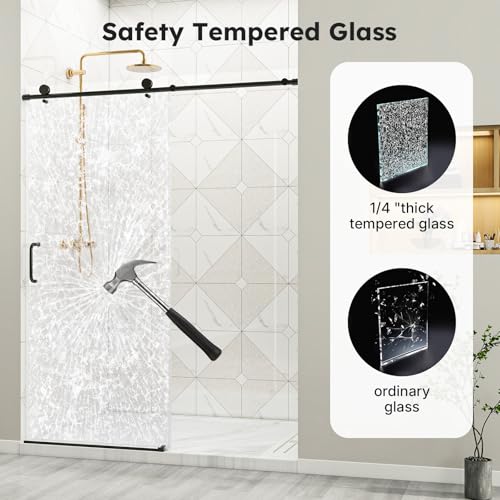 Image of Zevemomo Frameless Shower Door, 56 inch-60 inch W x 76 inch H Sliding Glass Shower Door, 1 /4 inch (6mm) Thick Tempered Clear Glass, Explosion-Proof Film Shower Doors, Black