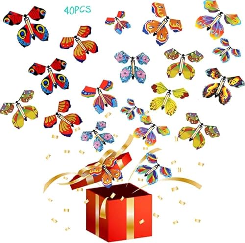 Scettar 40 PCS Magic Flying Butterfly Fairy Flying Toys Wind up Rubber Band Powered Butterfly Toys Decoration for Colorful Bookmark and Greeting Card Surprise Gift, No Gift Box Include