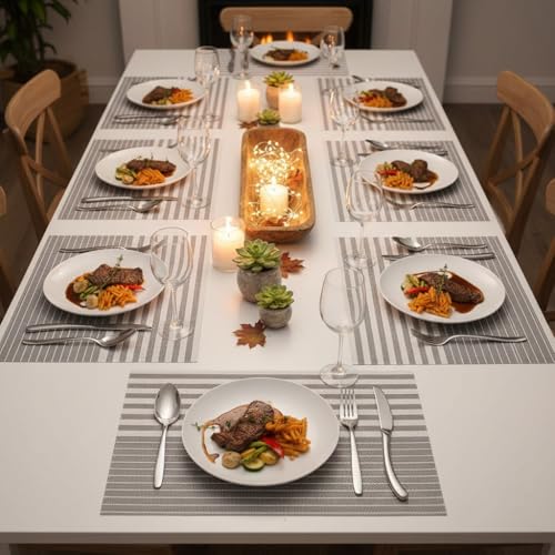 Image of YELONA Dining Table Placemats Set of 8 - Heat-Resistant, Non-Slip, Washable & Stain Resistant Woven PVC Vinyl Table Mats for Kitchen & Dining - 45 x 30 cm, PeachGrey & White
