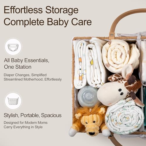 Image of HBlife Large Baby Diaper Caddy Organizer, Paper Rope Storage Baskets Nursery Bin with Removable Divider, Portable Car Organizer for Diapers, Baby Shower Gifts, Newborn Essentials Must Haves