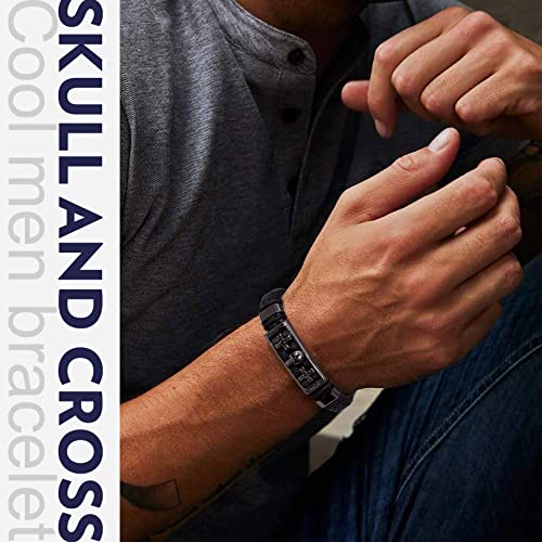 Bandmax Black Punk Gothic Skull Cross Bracelets For Men Women Leather Cuff Bracelet Mens Braided Leather Wristband Chucky, With Gift Box #TOP4