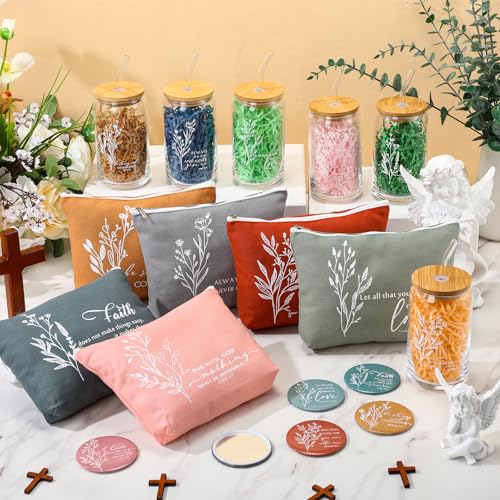 Fumete 6 Set Christian Gifts Religious Makeup Bag Bible Verse Glass Coffee Cup Mini Christian Compact Mirror Regalos Cristianos En Español for Church Sunday School Pastor Wife (Bright Colors)4