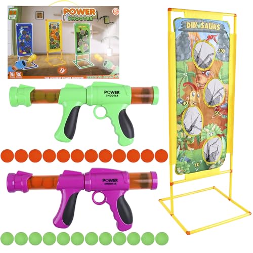 Lanzador Pelotas Espuma y Objetivo de Tiro,2 Pcs Juguete Power Gun con Objetivo de Disparo de Pie, Juguete de rol para Interiores y Exteriores (Dinosaurios)