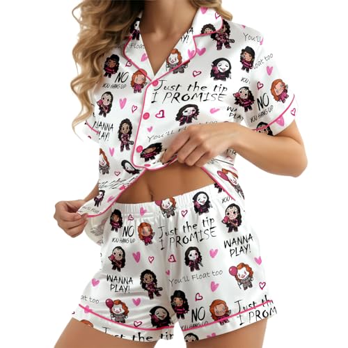 Image of Women 2 Pcs Short Satin Pajama Set Printed Silky Soft Loungewear | Luxurious silk-feel satin; comfortable relaxed fit for sleep & lounge; elastic waistband shorts; gift, easy care
