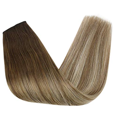 Sunny Invisible Hair Extensions Crown Human Hair Ombre Brown Mix Blonde Fish Line Wire One Piece Clip in Real Human Hair Extensions 80g 18Inch