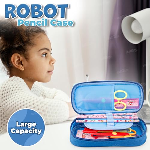 Image of Zest 4 Toyz Expandable Blue Robot Pencil Case | Pencil Pouch for Boys & Students | Large Capacity Compass Box Pencil Case for School | Big Stationery Organizer Pen Bag with Mesh Pocket