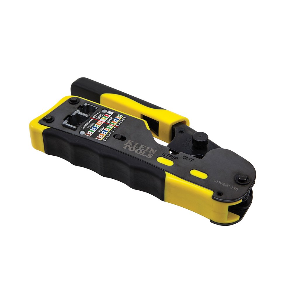 Klein Tools VDV226-110 | Pinza Crimpadora De Trinquete Pass Thru | Corta Pela Y Crimpa Cables Datos | RJ11 RJ12 RJ45 | Construccion De Acero Duradera