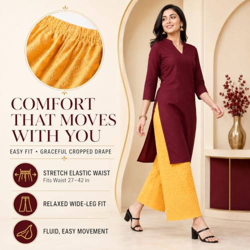 Image of Vastraa Fusion Straight Regular Fit Stylish Solid Cotton Chikan Palazzo or Bottoms for Women's and Girls Free Size 28 inch to 44 inch