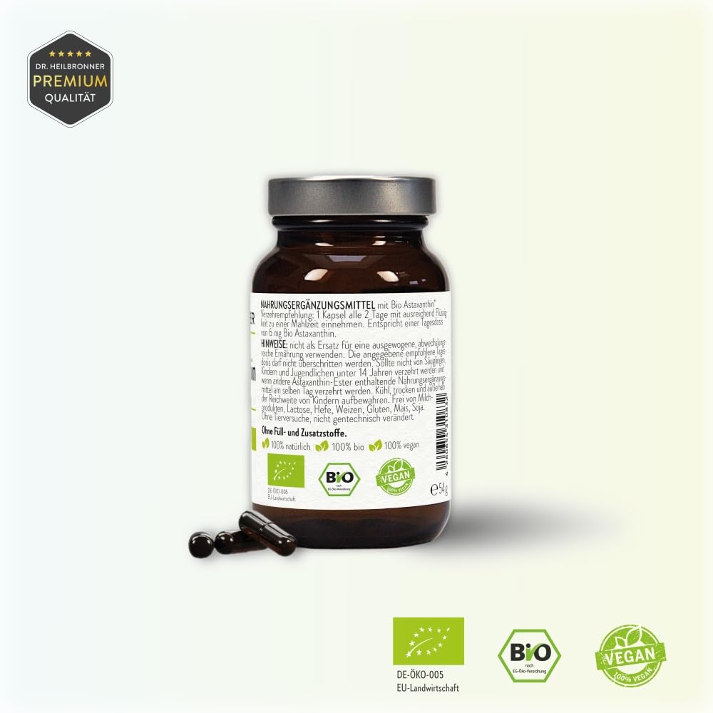 Dr. Heilbronner Astaxanthin 12mg Kapseln hochdosiert in der Glasflasche 90 Stk. I Antioxidantien aus der Vitalalge Haematococcus Pluvialis I Supplements Carotinoide vegan glutenfrei & lactosefrei