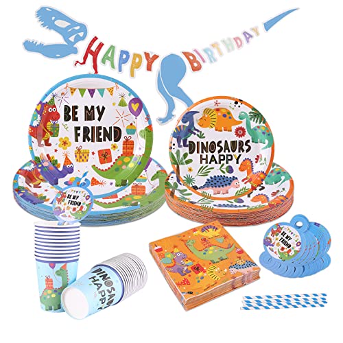 Infankey Dino Juego de vajilla de fiesta de cumpleaños para 25 invitados, 125 unidades, platos de papel, servilletas, pajitas, para Dino, fiesta, cumpleaños, niñas, etc Cover