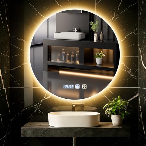 wowspeed Espejos de Baño con Luz LED Redondo 60 x 60 cm, con luz Regulable de 3 Colores, Función Antivaho, Ajuste de Brillo, Interruptor Táctil, Espejo Baño LED Retroiluminadas