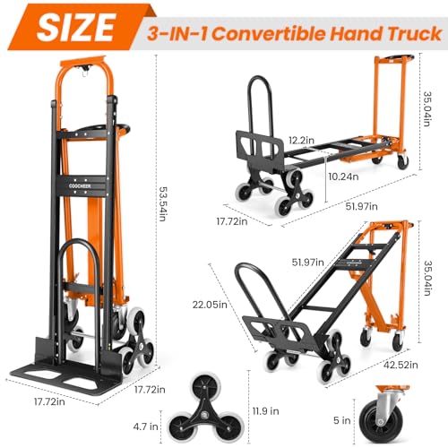 Image of Heavy Duty Stair Climbing Hand Truck - 1000 LBS Capacity 4-in-1 Convertible Dolly Cart, Foldable Platform Utility Cart for Moving Boxes, Industrial Grade Steel Construction(Orange)