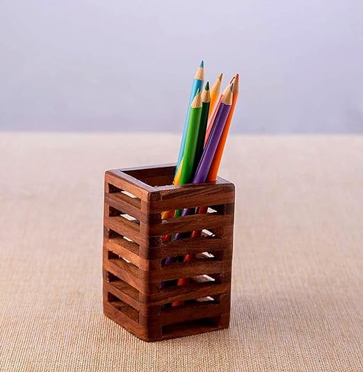 Image of Wooden Pen Holder Sheesham Wood - Brown Unique Design Wooden Pen Stand For Office And Home