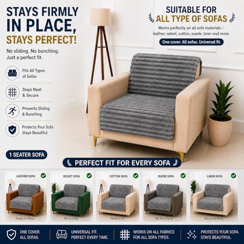 Image of Homerz Premium Rabbit Fur Sofa Cover with Anti-Skid Backing, Soft Plush Fabric Sofa Protector for Living Room Furniture (Grey, 1 Seater, Seat Cover with Backrest)