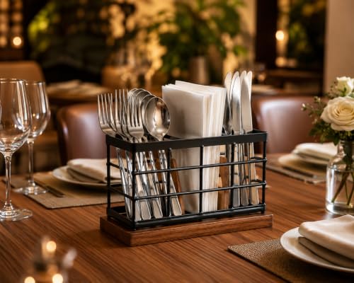 Image of MS Craft World Wooden Cutlery Holder with Metal Stand | Spoon Holder for Kitchen, Fork Organizer for Dining Table, Utensil Holder for Kitchen Counter | Rustic Wood Finish (Rectangular)