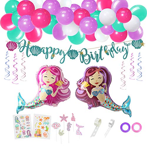 Decoraciones de Fiesta de Sirena KATOOM *pcs Sirena Fiesta de Cumpleaños Foil Balloon Arch Set con Pegatinas de Tatuaje, Cintas, Adornos de Pastel de Cumpleaños Temática de Sirena de Mar