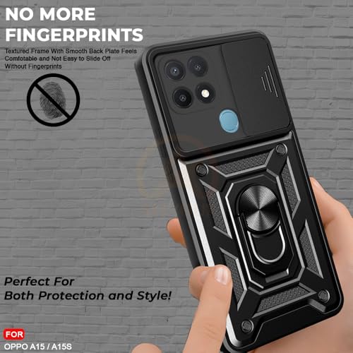 Image of Armor Bumper Back Cover Case for Oppo A15 / A15s Rotating Camera Cover, Ring Holder & Kickstand | Heavy Duty & 360 Degree Protection Oppo A15 / A15s Back Cover (Black).