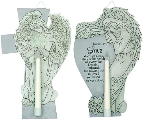 2 Piece Pack Metal Angel Wall Decor , White Flameless Taper Candles ,Withs Timer, Flickering Realitic LED Battery Powered Candle,for Home Church Indoor & Outdoor Decoration& Religious Gifts,11.8''(H)
