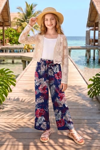 Image of Girls Summer Floral Wide Leg Pants High Waisted Flowy Dress Trousers with Pockets for School Lounge Beach 5-14 Years