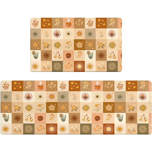 Rexful Boho Kitchen Rug Set 2 PCS Anti-Fatigue Washable Kitchen Floor Mats Neutral Celestial Sun Flower Checkerboard Pattern Anti-Slip Runner and Mat (Yellow, 47''×17.3''+29''×17.3'')