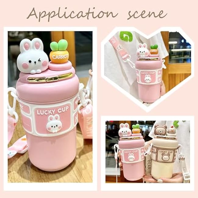 MiOYOOW Kawaii Insulated Water Bottle, 550ML Cute Cartoon Drink Bottle with Straw, Stainless Steel Travel Mug Cup for Hot & Cold Drinks