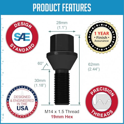 Image of Wheel Accessories Parts 20 pcs M14 x 1.5 Thread Conical Seat Lug Bolt Black Finish 30mm Shank Length 19mm Hex fits Land Rover Range Rover | Land Rover Range Rover Sport