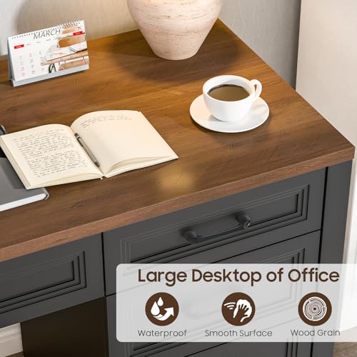 Image of Vabches Farmhouse Executive Desk with Storage and Ample File Drawer, Rustic Large Home Writing Desk for Bedroom, Dark Brown