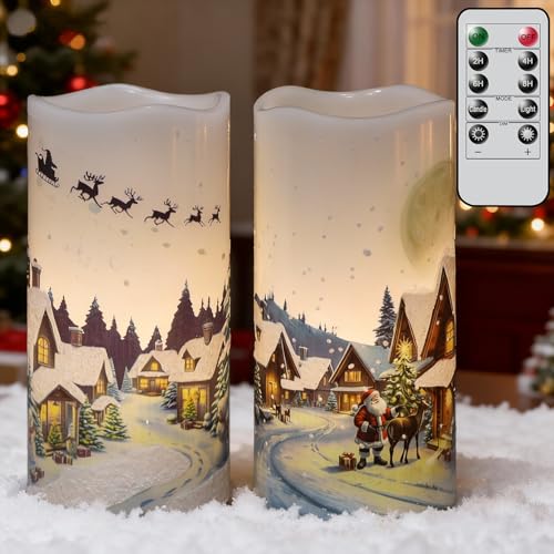 Image of Christmas Flameless Candles, Christmas LED Battery Operated Candles with Remote Timer, Set of 2 Pillar Candle with Snow House, Santa, Reindeer Decals for Holiday Winter Decor(D6 inch x H3 inch)