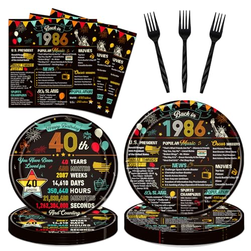 refavor 40th Birthday Plates and Napkins 96PCS Vintage 40th Birthday Party Decorations Supplies for Women Men Back in 1986 Cheers to 40 Years Disposable Tableware Set Serve 24