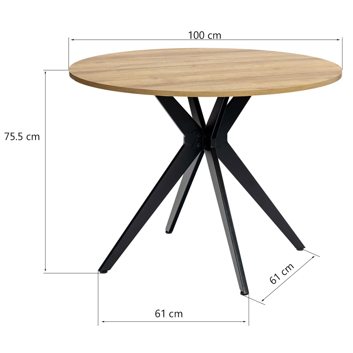 MEUBLE Cosy Runder Esstisch Klein Tisch Küchentisch Esszimmertisch 4 Personen für Küche, Wohnzimmer, Büro, 100x100x75cm, Eiche + Schwarz