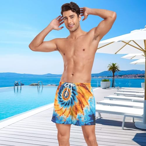 Mens Swim Trunks with Liner, Tie Dye Orange Blue Cool Quick Dry Beach Swim Shorts, Swimwear Bathing Suits S4