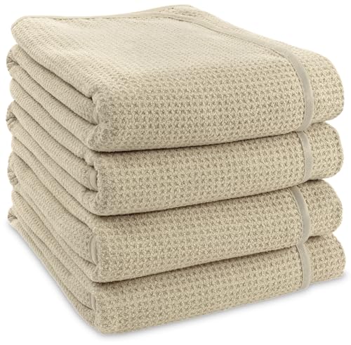 S&T INC. Bath Towels, Premium Waffle Towels for Bathroom, Extra Large, Absorbent Microfiber for Home, Yoga, and Gym, Honeycomb Weave, 30 Inches x 60 Inches, 4 Pack, Beige
