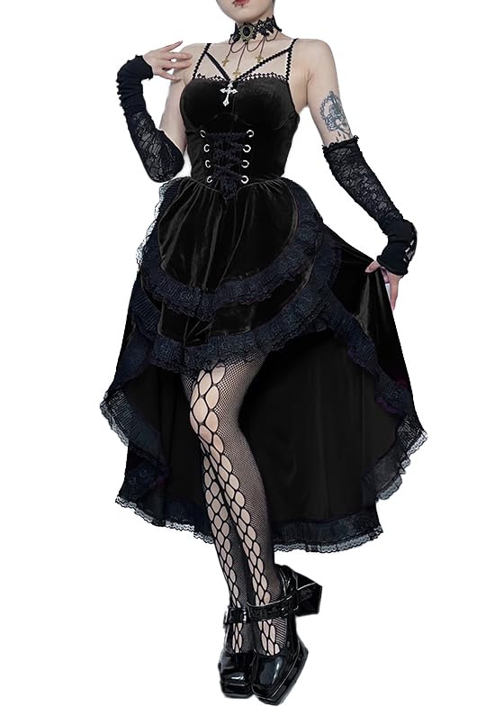 TSMNZMU Damen Gothic Samt Korsett Kleid - Vintage Fairy Lolita Punk Grunge Langes Goth Emo Alt Neckholder Kleid, Slinky Kleid, Schwarz, X-Groß