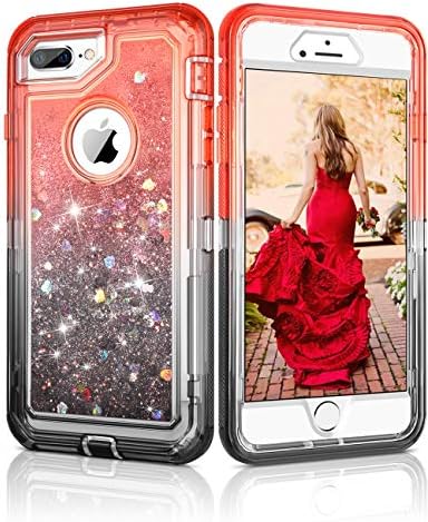 CHEERINGARY Case for iPhone 8 Plus Case, iPhone 7 Plus Case, iPhone 6 Plus Case, iPhone 6S Plus Case Flowing Quicksand Liquid Glitter Heavy Duty Shockproof Gradient Nonslip Case 5.5 Inches, Black Red