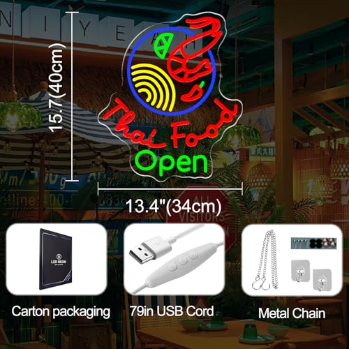 Image of Thai Food Open Neon Sign, Thailand Restaurant LED Neon Sign Wall Decor, Neon Signs for Wall Decor Food Shop Light Thai Cuisine Display 15.7 inch x 13.4 inch