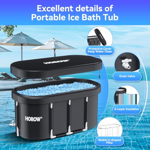 Image of HOROW XL Large Oval Ice Bath Tub for Athletes, 100 Gallons Portable Cold Plunge Tub for Recovery and Cold Water Therapy, Multiple Layered Ice Plunge Tub with Cover for Family Gardens, Gym, Outdoor Use